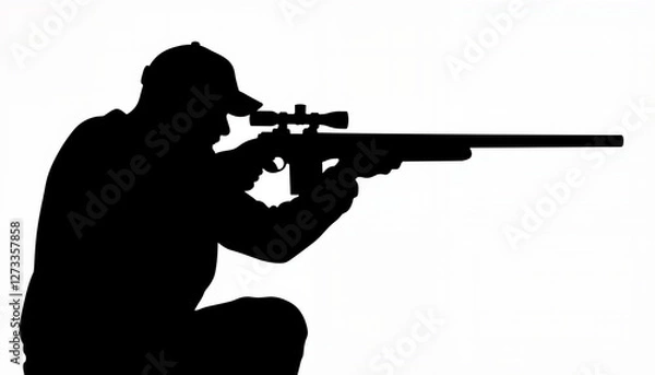 Fototapeta Sniper aiming rifle in silhouette, focus and precision