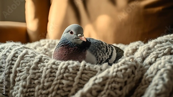 Obraz Plush pigeon toy nestled in a soft knitted blanket on couch