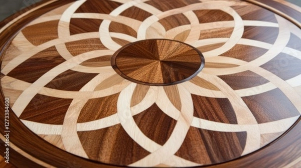 Fototapeta Intricate Wooden Tabletop With Geometric Design