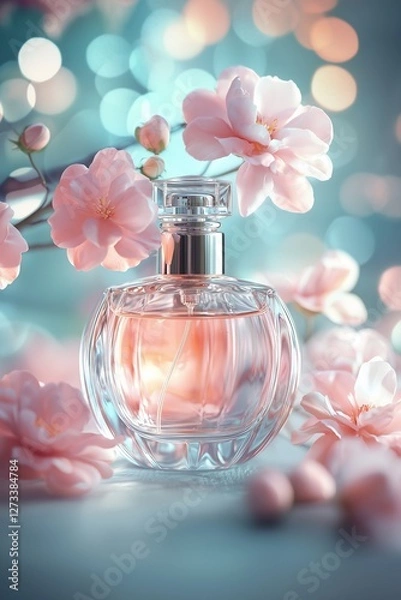 Fototapeta Luxury Cherry Blossom Perfume Bottle with Soft Bokeh Glow