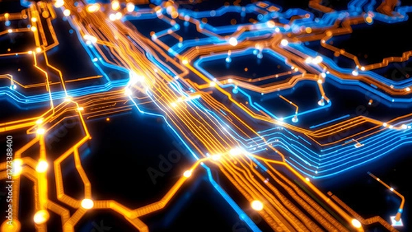 Fototapeta Circuit Board Pattern with Glowing Blue and Gold Lines for High-Tech Design