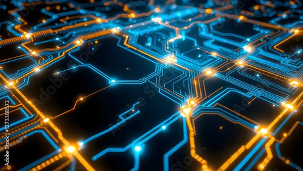 Fototapeta Circuit Board Pattern with Glowing Blue and Gold Lines for High-Tech Design