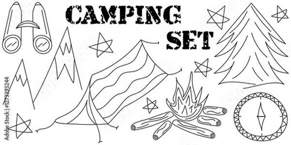 Fototapeta Camping black doodle set editable stroke: compass, campfire, binoculars, tent, mountains, spruce, stars. Vector hand drawn illustration in monochrome colours. Editable stroke	