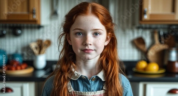 Fototapeta Young redhead girl in a family kitchen setting background close up portrait facing forward