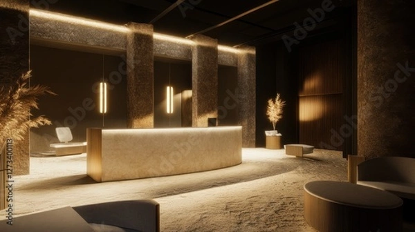 Fototapeta Hotel lobby with a luxurious reception desk, warm lighting, and plush seating.
