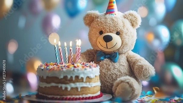 Obraz Stuffed bear with a birthday cake surrounded by confetti and streamers