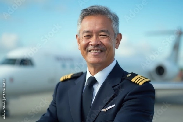 Fototapeta Head and shoulders portrait of a Tuvaluan smiling 50 years old male airplane captain pilot in uniform.