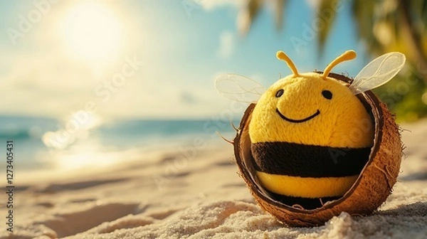 Obraz Stuffed bee toy leaning against a beach coconut smiling at the sun