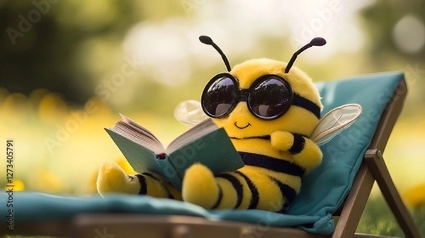 Obraz Stuffed bee toy lying on sun lounger holding a tiny book and wearing sunglasses