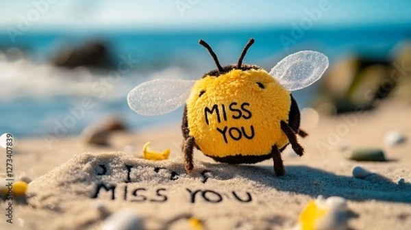 Obraz Stuffed bee toy posing next to sand written message that says "I MISS YOU" bright beach scene