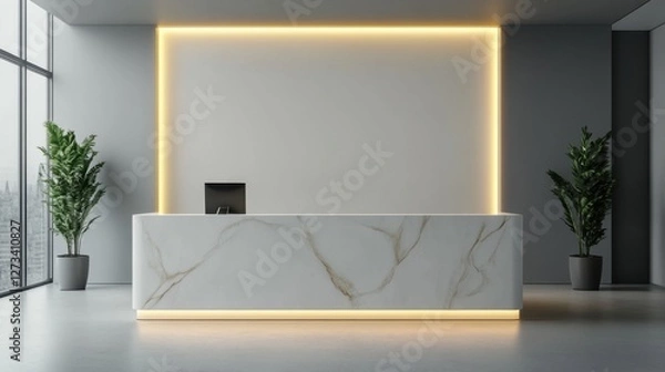 Obraz Welcoming reception counter with a stylish background, featuring plants and elegant lighting.