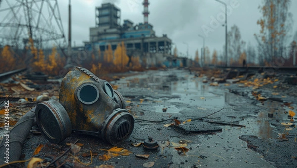 Obraz Aftermath of the nuclear disaster at the Chernobyl Nuclear Power Plant. A gas mask lies on the ground in the radioactive zone. The destroyed Nuclear Power Plant is in the background