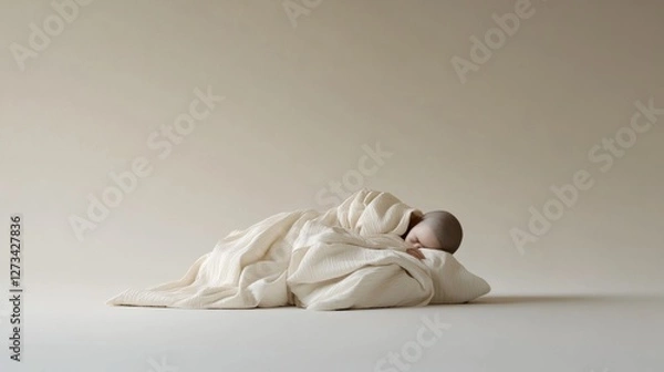 Fototapeta Withdrawal symptoms cause fatigue. A person lying in bed, curled up with a blanket