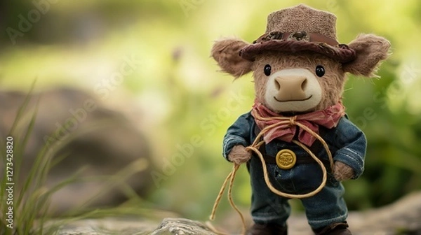 Obraz Stuffed cow dressed as cowboy with a tiny lasso