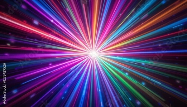 Fototapeta A vivid display of colored light rays radiating from a central point, creating an energetic and captivating effect, perfect for backgrounds in digital art or events.