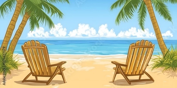 Fototapeta Tropical island with two wooden beach chairs on a sandy shore under palm trees, overlooking an ocean view. Bright cartoon vector style illustration