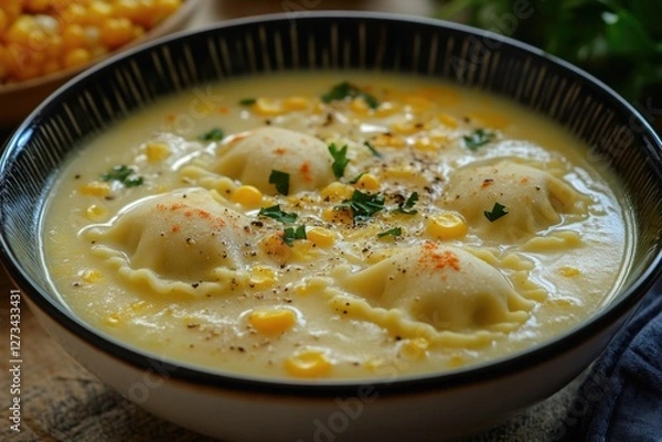 Fototapeta A bowl of hot soup sitting on a table, perfect for a cozy dinner or lunch