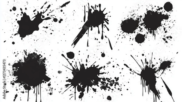 Fototapeta Vector set of ink splashes blots splatter collection grunge design element and art messy backdrop color dirty liquid shape spatter black white silhouette illustration