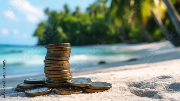 Fototapeta Offshore banking concept with coins on the beach representing financial freedom and investment strategies
