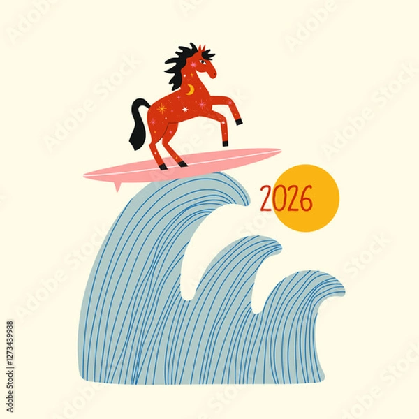 Fototapeta Vector illustration with horse on a surf and big ocean waves. Symbol of New year 2026, inspirational greeting card template, funny home decoration poster with surfing animal