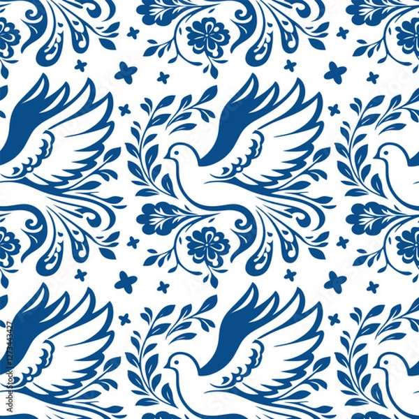 Fototapeta Pattern of doves, flowers and leaves. Elegant and symbolic design representing peace, nature and harmony. Isolated on white background. Vector