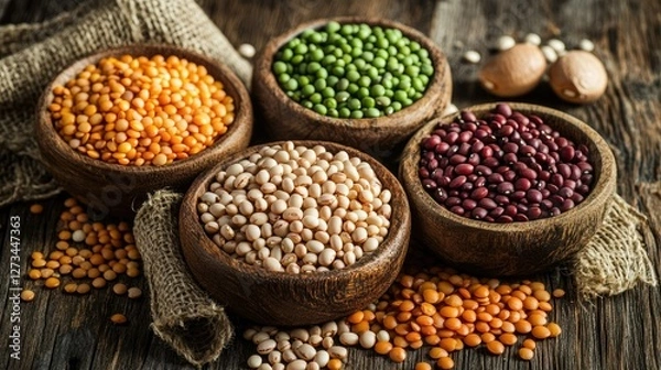 Fototapeta A healthy assortment of dry legumes such as peas, beans, and lentils on a rustic wooden table, perfect for a nutritious meal