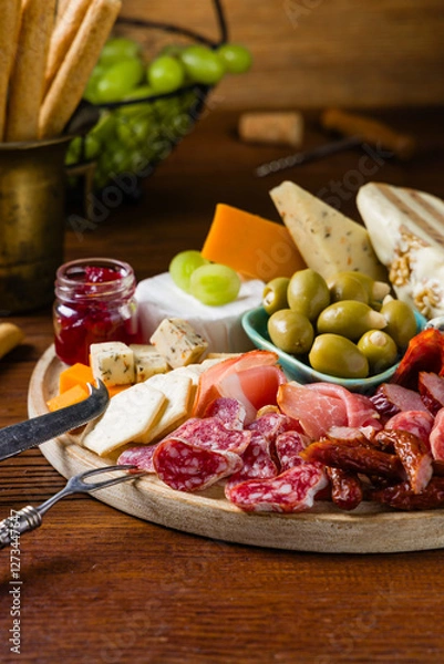 Obraz Meat and cheese board. A mix of exquisite cheeses and cold cuts from many countries.