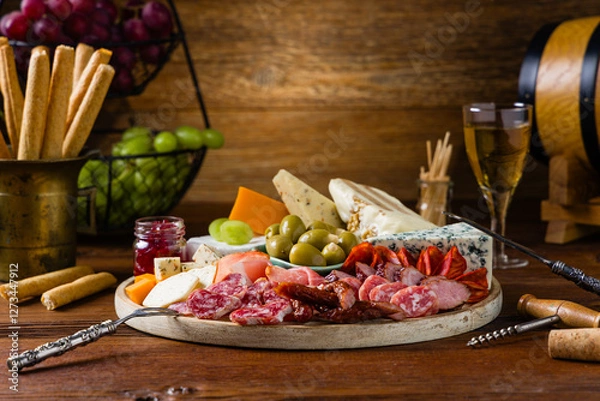 Obraz Meat and cheese board. A mix of exquisite cheeses and cold cuts from many countries.