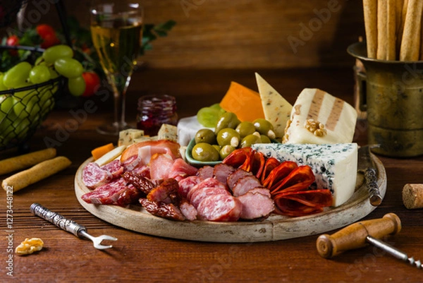 Obraz Meat and cheese board. A mix of exquisite cheeses and cold cuts from many countries.