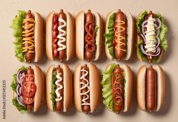 Fototapeta Assortment of Delicious Hot Dogs with Various Toppings