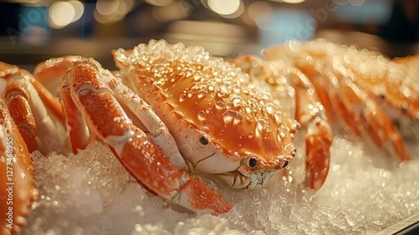 Fototapeta Fresh crabs displayed on ice, ready for sale in a seafood market.