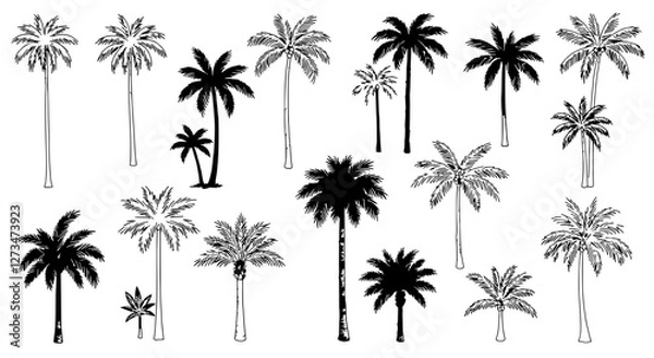 Fototapeta Palm Paradise: A collection of artistic illustrations, capturing the graceful silhouettes of palm trees in various forms.