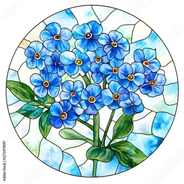 Fototapeta a vibrant watercolor painting of a forget-me-not flower with detailed blue petals in a stained glass design