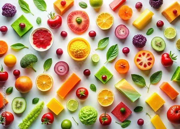 Fototapeta Abstract Geometric Food Art: Colorful Shapes on White Background