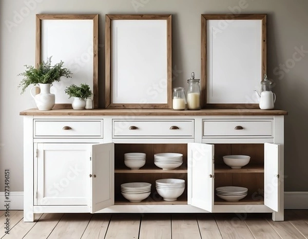 Fototapeta White Wooden Sideboard with Empty Frames and Stacked Dishes