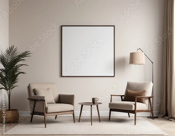 Fototapeta Modern Living Room Interior with Two Armchairs and Blank Canvas