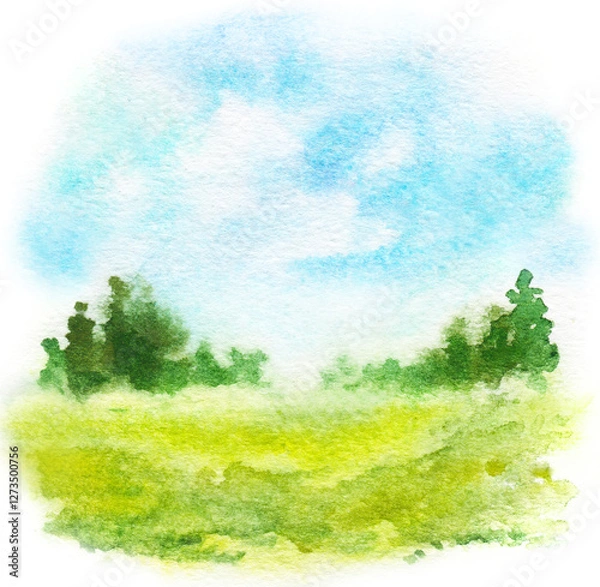 Fototapeta Abstract watercolor background with green grass , blue sky, trees