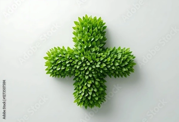 Obraz A green plus sign icon formed by lush leaves against a white background. Depicts addition, positive, and nature. Ideal for eco-friendly, medical, or design projects.