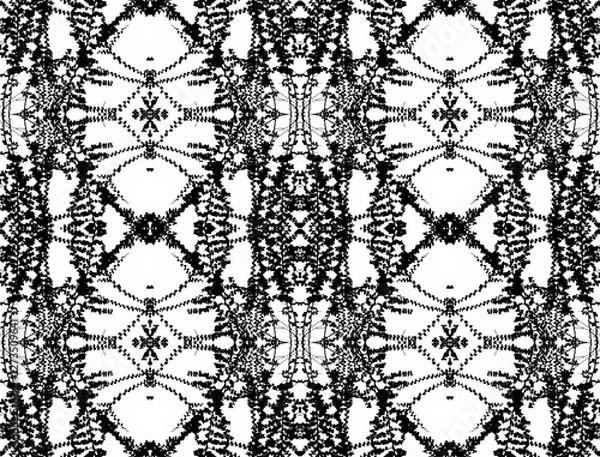 Fototapeta Abstract seamless black and white kaleidoscope pattern background, monochrome ivy leaves and branches effect texture. design for background, rug, wallpaper, clothing, wrap, textile,fabric, embroidery
