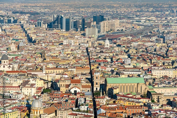 Fototapeta Aerial view of the historic centre of Naples, the Centro Storico, seen from the Castel Sant'Elmo on the Vomero hill. There are more than 200 historic churches in the old centre alone.