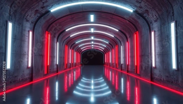 Fototapeta Futuristic Tunnel Vision. Symmetrical Design Lights the Way. Neon Light Strips Enhance Depth. Sleek Architecture and Modern Aesthetics. A Dynamic Space that Evokes Movement and Intrigue. Cool.