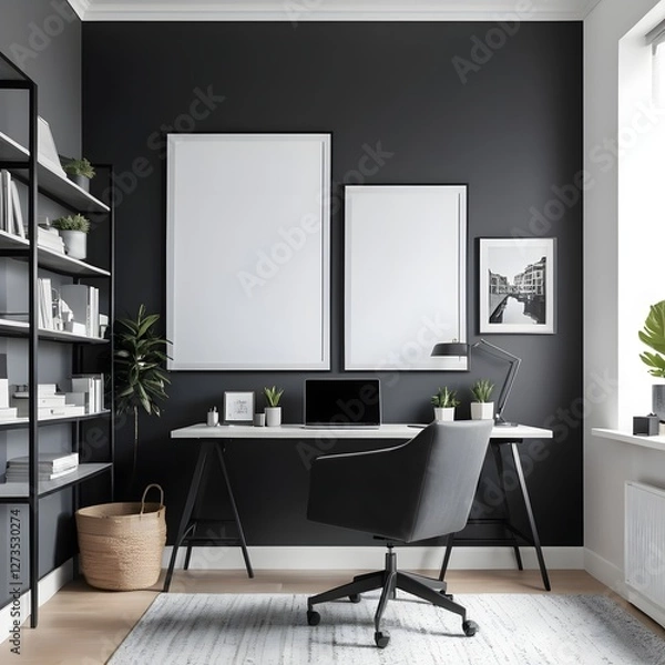 Fototapeta Modern Home Office Workspace with Black Walls and Minimalist Decor