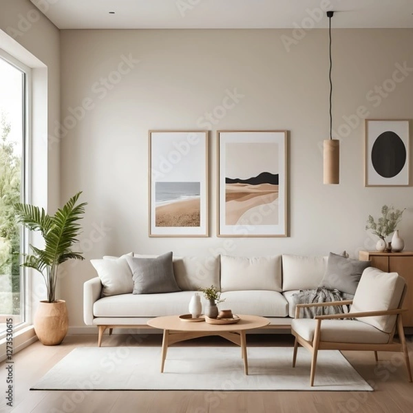 Obraz Minimalist Living Room Interior Design with Beige Sofa and Wooden Accents