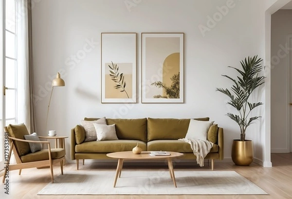 Fototapeta Modern Living Room Interior with Mustard Yellow Sofa and Gold Accents