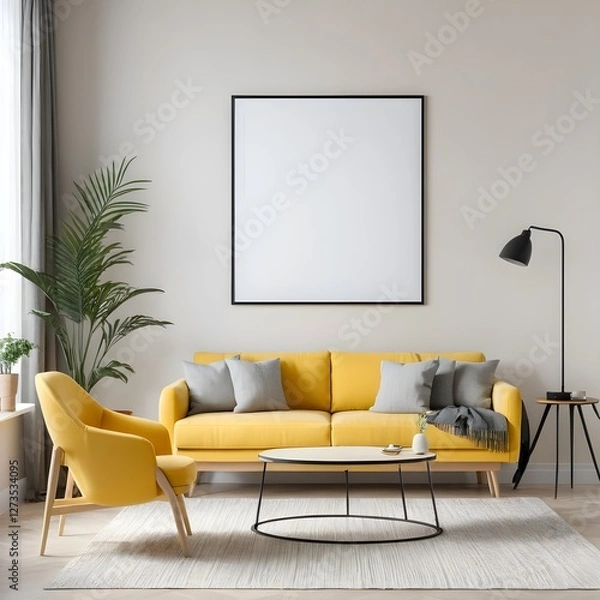 Fototapeta Modern Living Room Interior with Yellow Sofa and Blank Frame