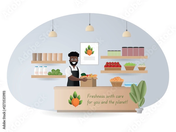 Fototapeta Illustration of an eco-friendly store with fresh products and sustainable packaging, highlighting customer service and environmental commitment.