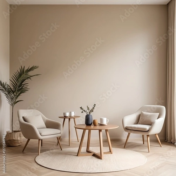 Fototapeta Minimalist Living Room Interior with Beige Armchairs and Wooden Coffee Table