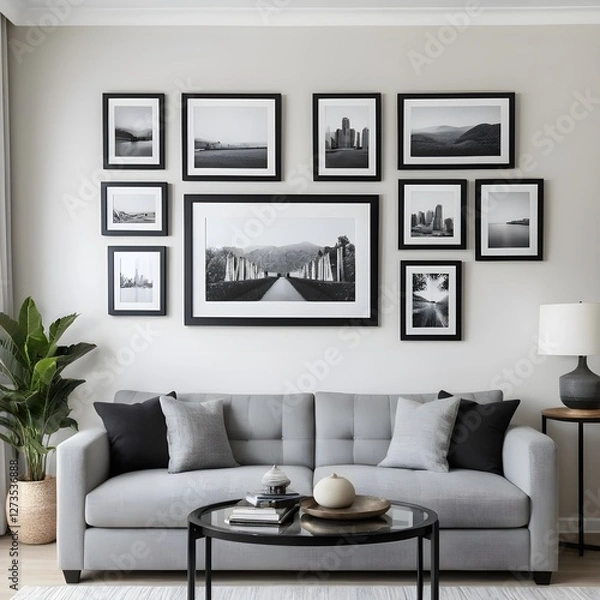 Fototapeta Modern Living Room Interior with Black and White Cityscape Gallery Wall