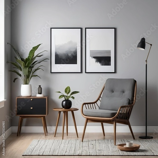 Fototapeta Modern Living Room Interior with Gray Armchair and Minimalist Decor