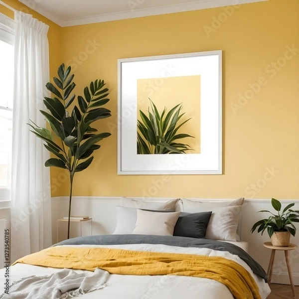 Fototapeta Cozy Bedroom Interior with Yellow Walls and Tropical Plants